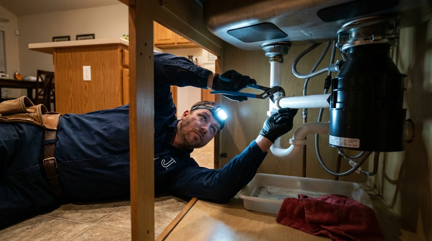 P-trap and supply line connections under a kitchen sink showing a common leak point in Peoria, AZ